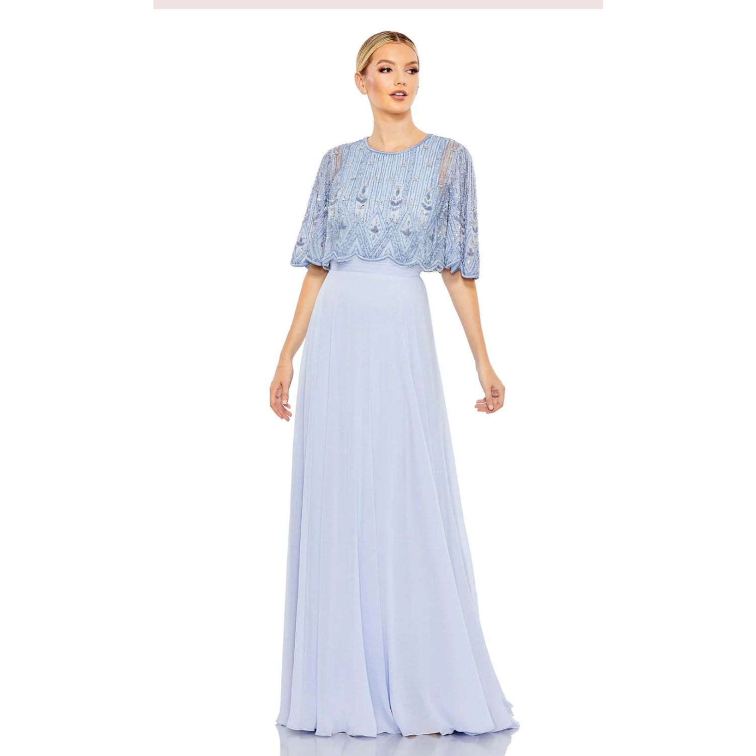 Mac Duggal 9181 Powder Blue Chiffon Gown W/ Fully Beaded 3/4 Sleeve Top 4 $598